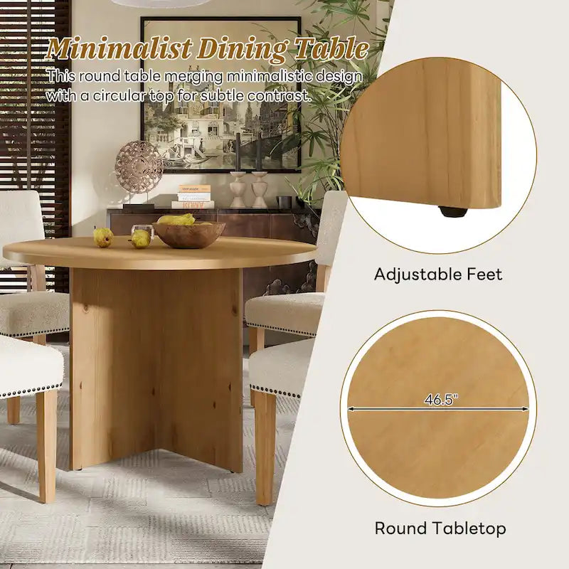 Ensemble de salle à manger 5 pièces en bois de style campagnard avec table ronde et 4 chaises rembourrées en tissu aspect laine d'agneau