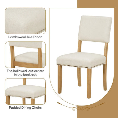 Ensemble de salle à manger 5 pièces en bois de style campagnard avec table ronde et 4 chaises rembourrées en tissu aspect laine d'agneau