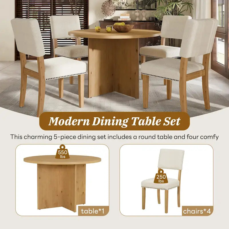 Ensemble de salle à manger 5 pièces en bois de style campagnard avec table ronde et 4 chaises rembourrées en tissu aspect laine d'agneau