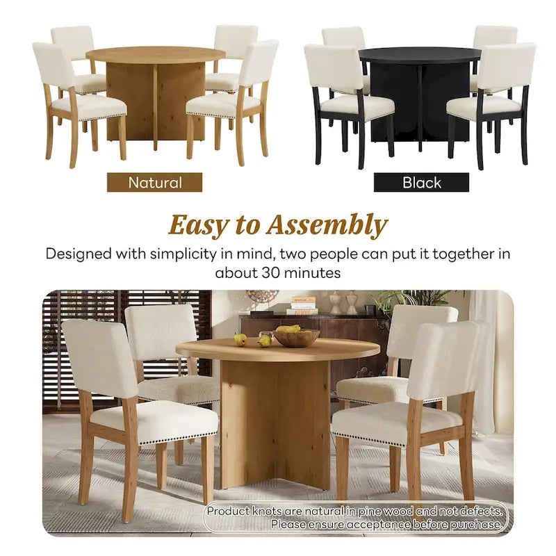 Ensemble de salle à manger 5 pièces en bois de style campagnard avec table ronde et 4 chaises rembourrées en tissu aspect laine d'agneau