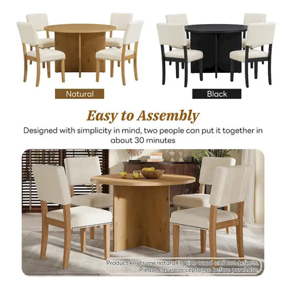 Ensemble de salle à manger 5 pièces en bois de style campagnard avec table ronde et 4 chaises rembourrées en tissu aspect laine d'agneau