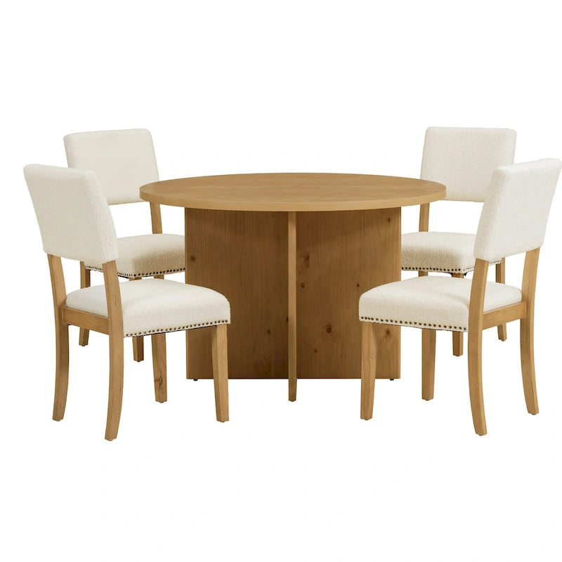 Ensemble de salle à manger 5 pièces en bois de style campagnard avec table ronde et 4 chaises rembourrées en tissu aspect laine d'agneau