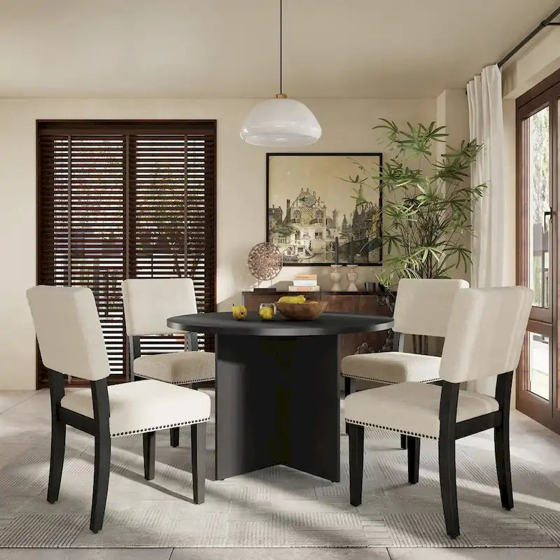 Ensemble de salle à manger 5 pièces en bois de style campagnard avec table ronde et 4 chaises rembourrées en tissu aspect laine d'agneau