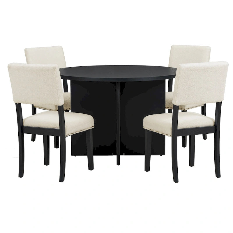 Ensemble de salle à manger 5 pièces en bois de style campagnard avec table ronde et 4 chaises rembourrées en tissu aspect laine d'agneau