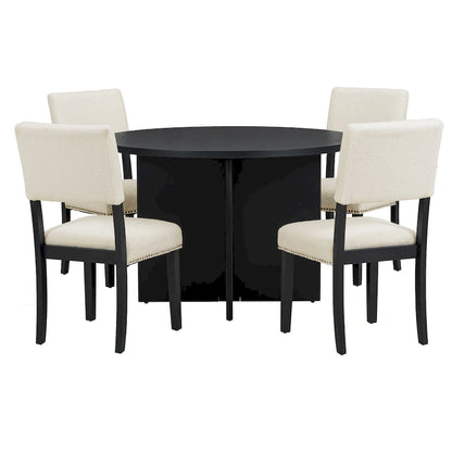 Ensemble de salle à manger 5 pièces en bois de style campagnard avec table ronde et 4 chaises rembourrées en tissu aspect laine d'agneau