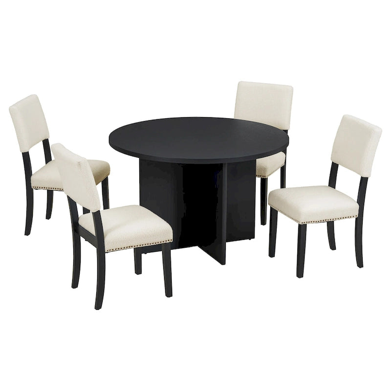 Ensemble de salle à manger 5 pièces en bois de style campagnard avec table ronde et 4 chaises rembourrées en tissu aspect laine d'agneau