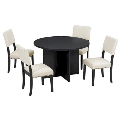Ensemble de salle à manger 5 pièces en bois de style campagnard avec table ronde et 4 chaises rembourrées en tissu aspect laine d'agneau
