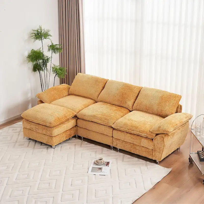 Canapé d'angle en chenille jaune 101,6 avec pouf