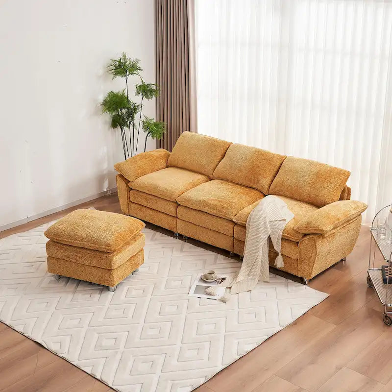 Canapé d'angle en chenille jaune 101,6 avec pouf