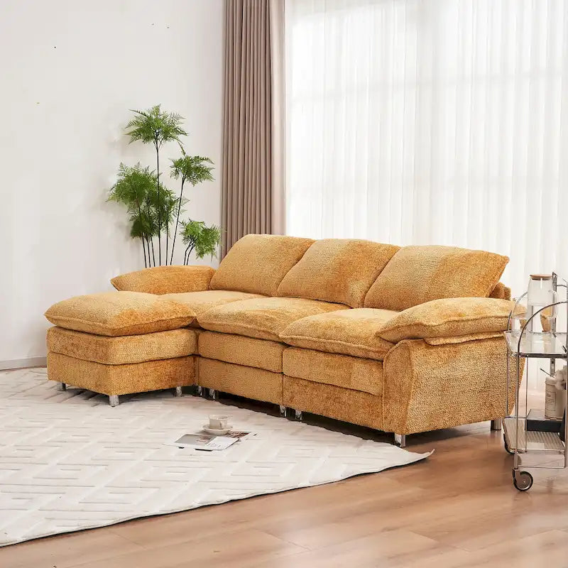 Canapé d'angle en chenille jaune 101,6 avec pouf