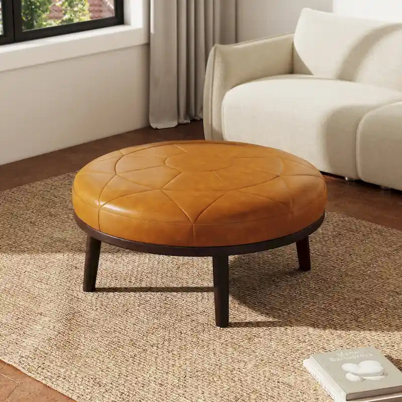 Pouf en cuir italien pleine fleur véritable de 34,5 cm de large par Lumibee