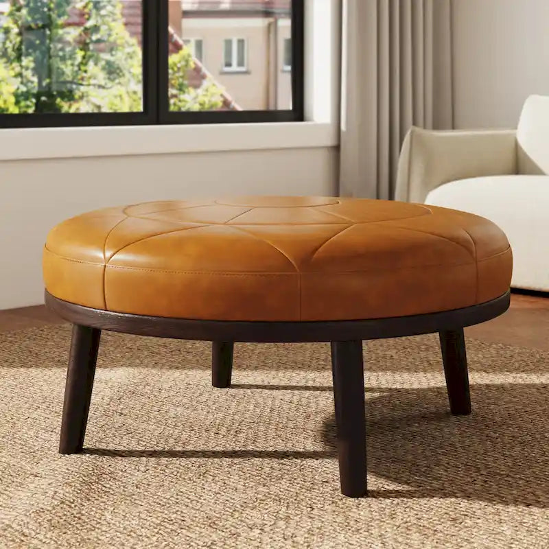 Pouf en cuir italien pleine fleur véritable de 34,5 cm de large par Lumibee