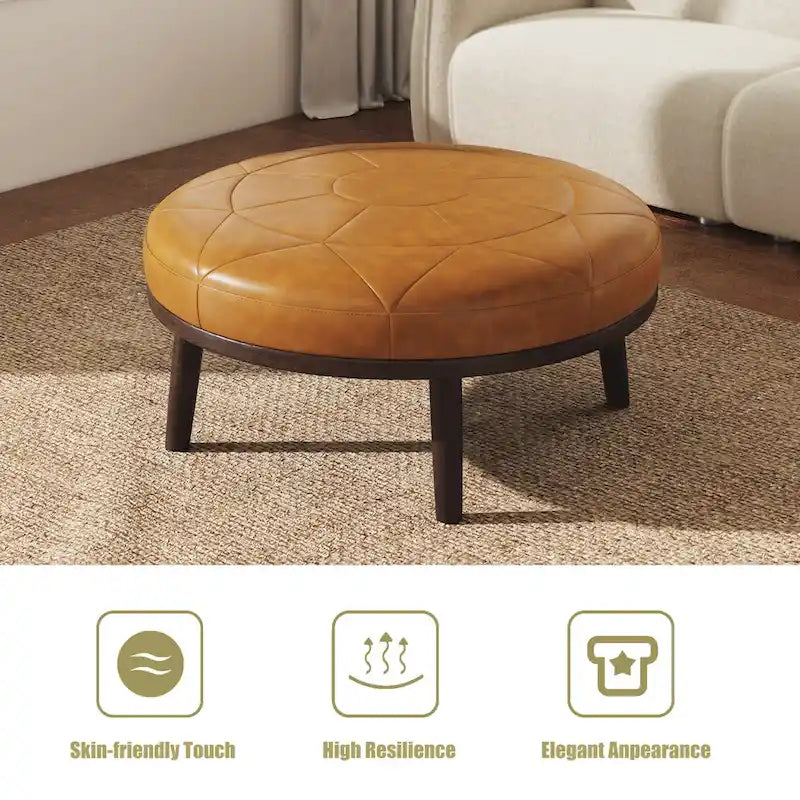 Pouf en cuir italien pleine fleur véritable de 34,5 cm de large par Lumibee