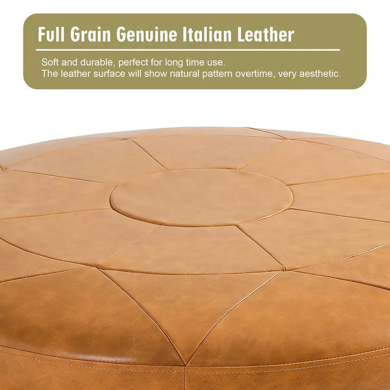 Pouf en cuir italien pleine fleur véritable de 34,5 cm de large par Lumibee