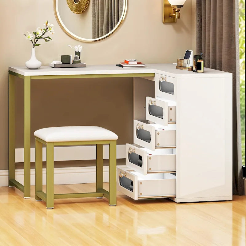Ensemble bureau en L Moasis à 5 tiroirs avec tabouret rembourré et éclairage LED