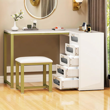 Ensemble bureau en L Moasis à 5 tiroirs avec tabouret rembourré et éclairage LED