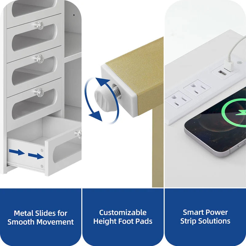 Ensemble bureau en L Moasis à 5 tiroirs avec tabouret rembourré et éclairage LED