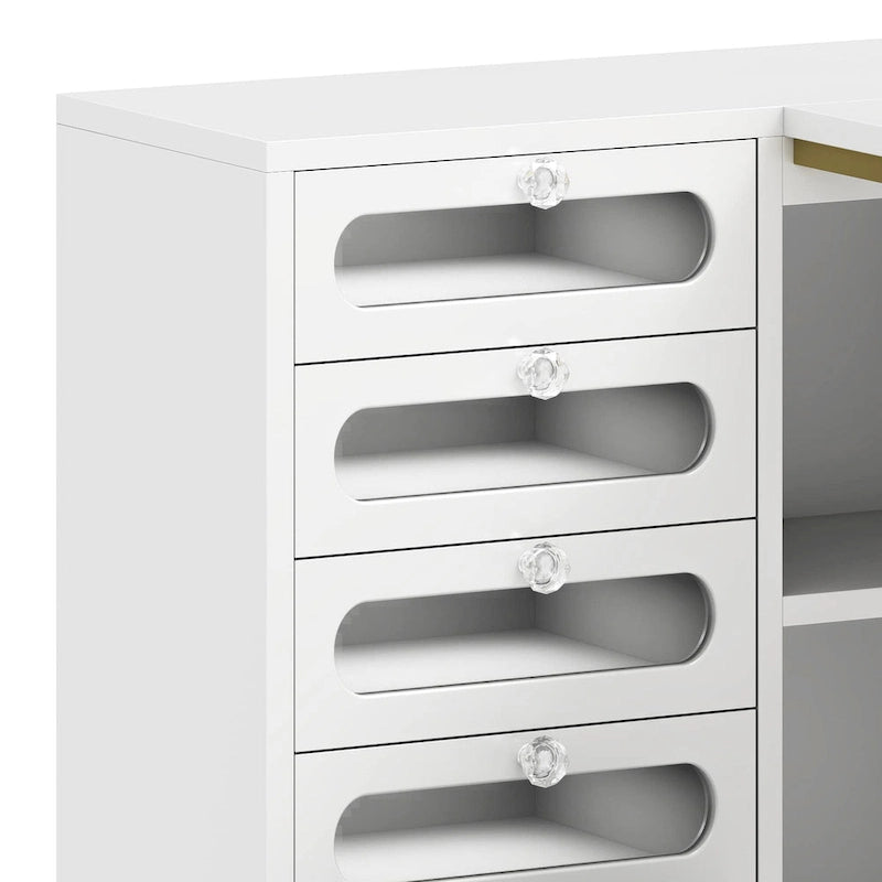 Ensemble bureau en L Moasis à 5 tiroirs avec tabouret rembourré et éclairage LED