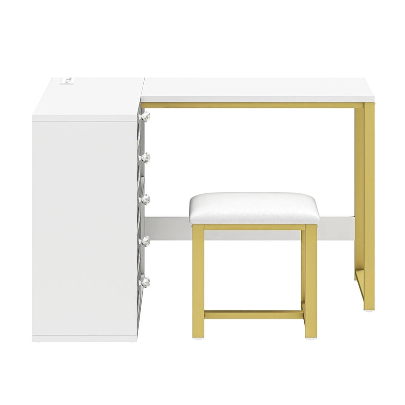 Ensemble bureau en L Moasis à 5 tiroirs avec tabouret rembourré et éclairage LED