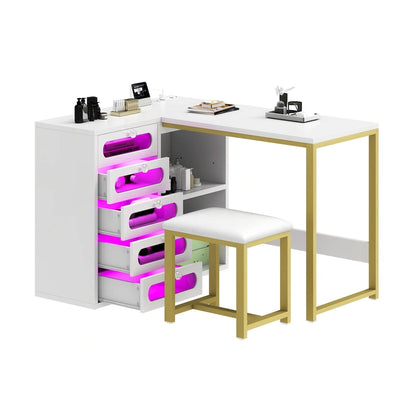 Ensemble bureau en L Moasis à 5 tiroirs avec tabouret rembourré et éclairage LED