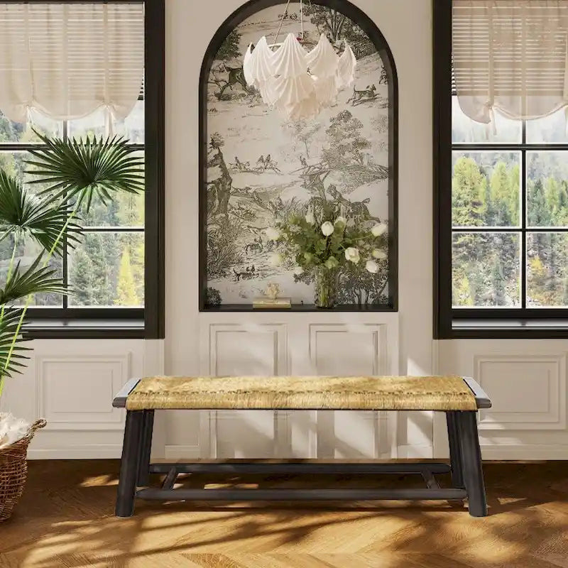 Farmhouse Modern Solid Wood Rattan Bench - 59 Inch Indoor & Covered Outdoor Bench Walnut Finish Multi-Functional Design