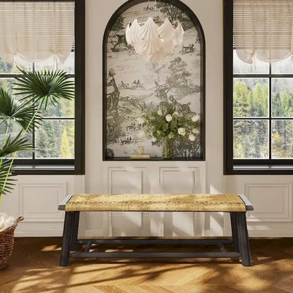 Farmhouse Modern Solid Wood Rattan Bench - 59 Inch Indoor & Covered Outdoor Bench Walnut Finish Multi-Functional Design