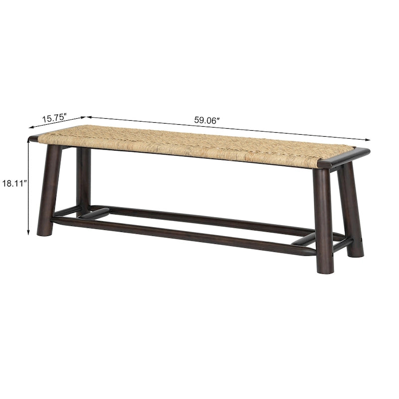 Banc de style campagnard moderne en rotin massif - 150 cm (59 pouces) - Utilisation intérieure et extérieure couverte - Finition noyer - Design multifonctionnel