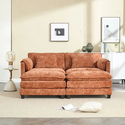 Canapé 76,77 en chenille avec 2 poufs