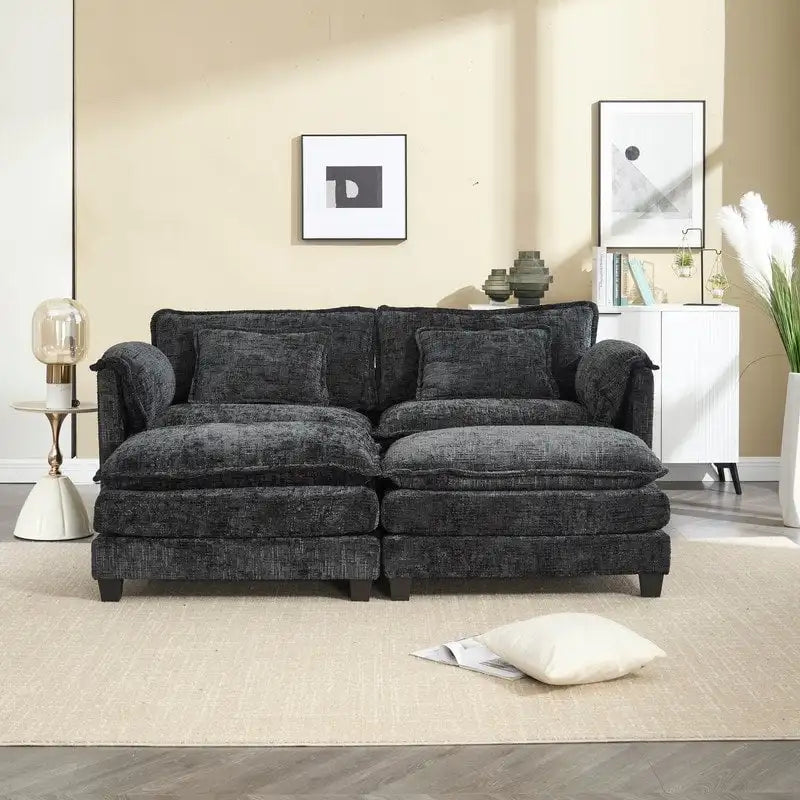 Canapé 76,77 en chenille avec 2 poufs