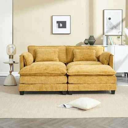 Canapé 76,77 en chenille avec 2 poufs