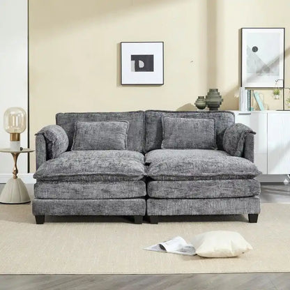Canapé 76,77 en chenille avec 2 poufs