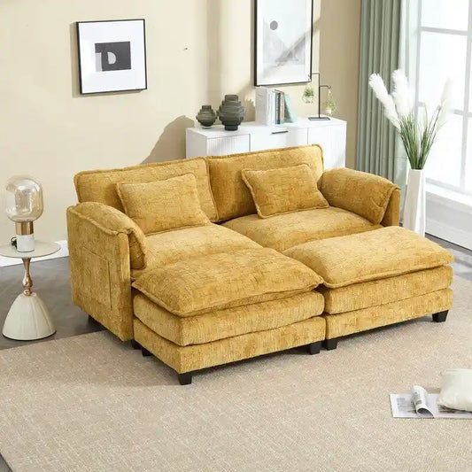 Canapé 76,77 en chenille avec 2 poufs