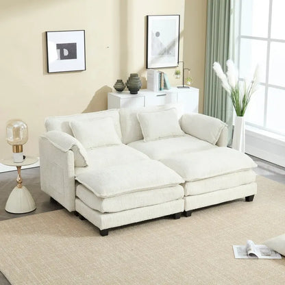 Canapé 76,77 en chenille avec 2 poufs