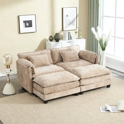 Canapé 76,77 en chenille avec 2 poufs
