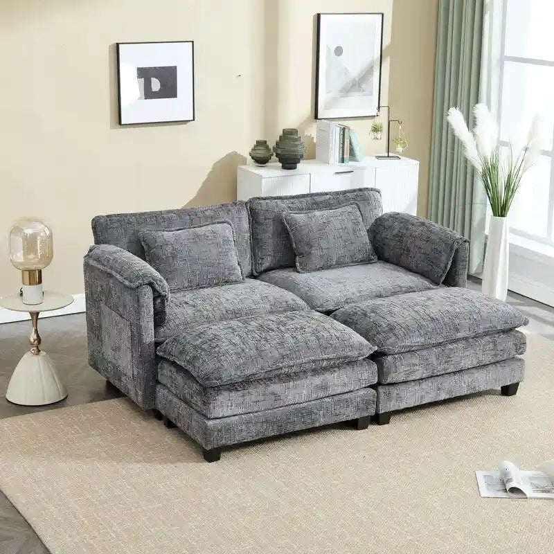 Canapé 76,77 en chenille avec 2 poufs