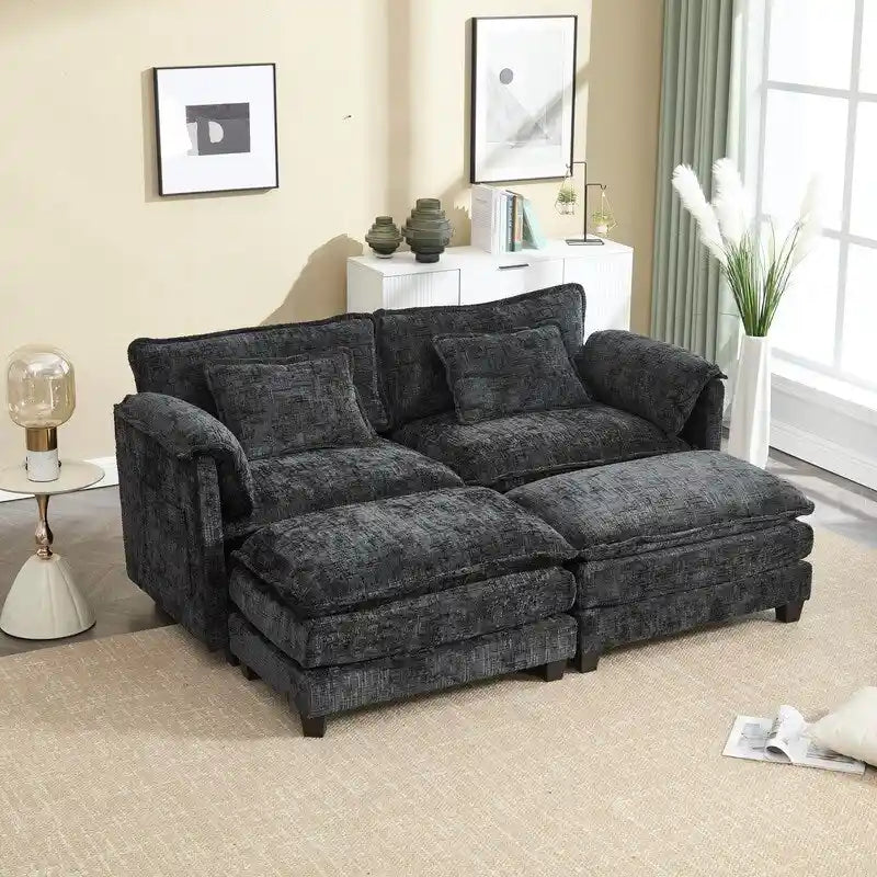 Canapé 76,77 en chenille avec 2 poufs