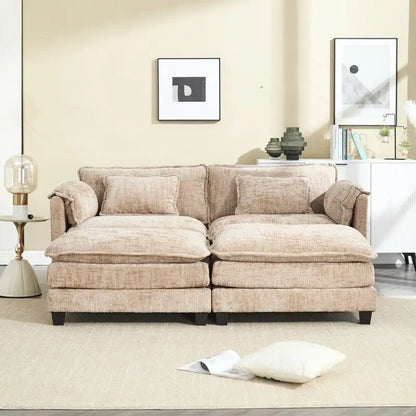 Canapé 76,77 en chenille avec 2 poufs