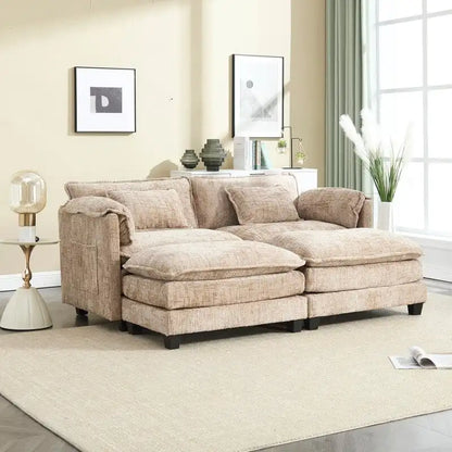 Canapé 76,77 en chenille avec 2 poufs
