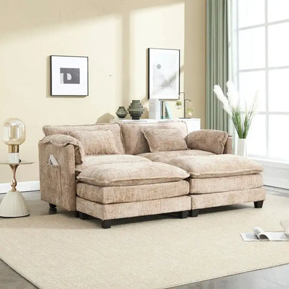Canapé 76,77 en chenille avec 2 poufs
