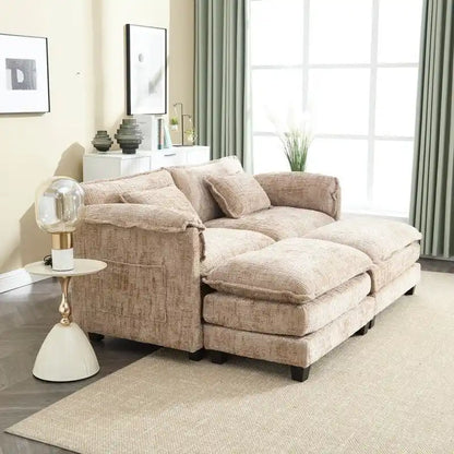 Canapé 76,77 en chenille avec 2 poufs