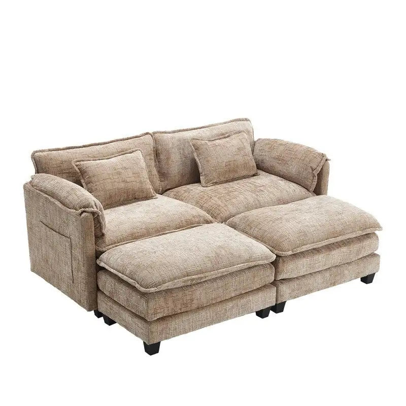 Canapé 76,77 en chenille avec 2 poufs