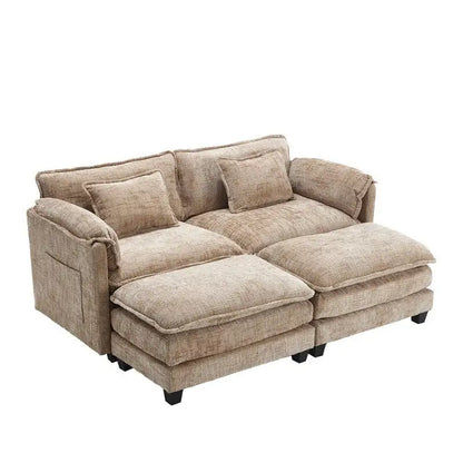 Canapé 76,77 en chenille avec 2 poufs