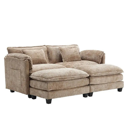 Canapé 76,77 en chenille avec 2 poufs
