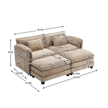 Canapé 76,77 en chenille avec 2 poufs