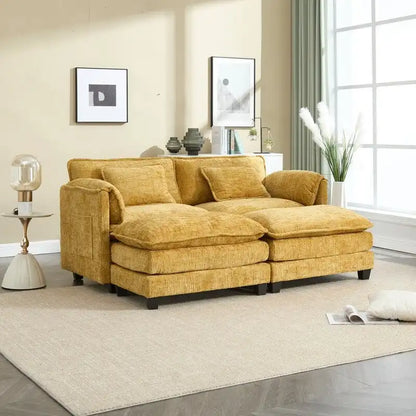 Canapé 76,77 en chenille avec 2 poufs