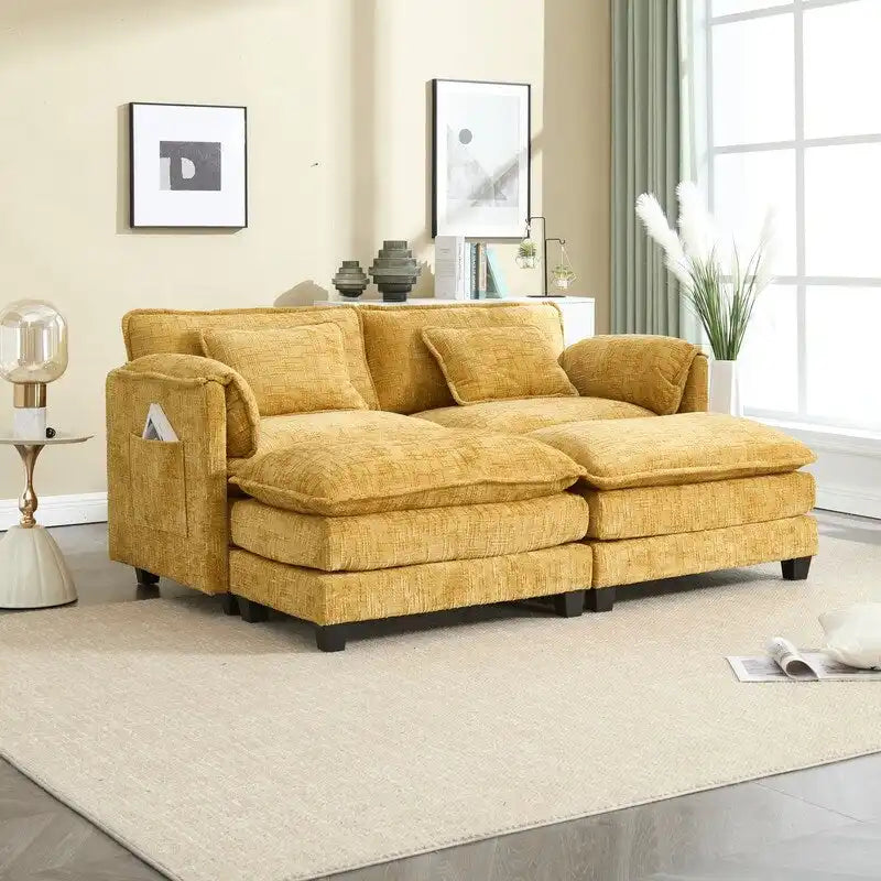 Canapé 76,77 en chenille avec 2 poufs