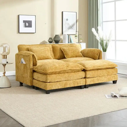 Canapé 76,77 en chenille avec 2 poufs