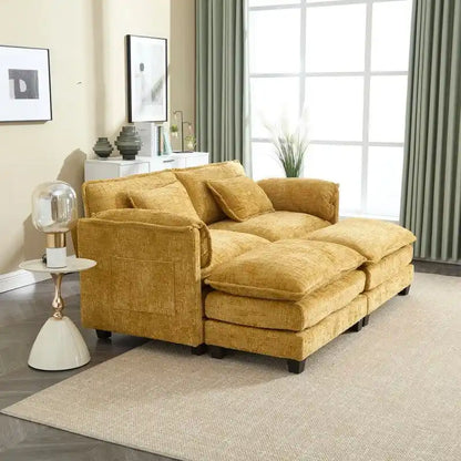 Canapé 76,77 en chenille avec 2 poufs