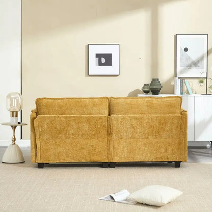 Canapé 76,77 en chenille avec 2 poufs