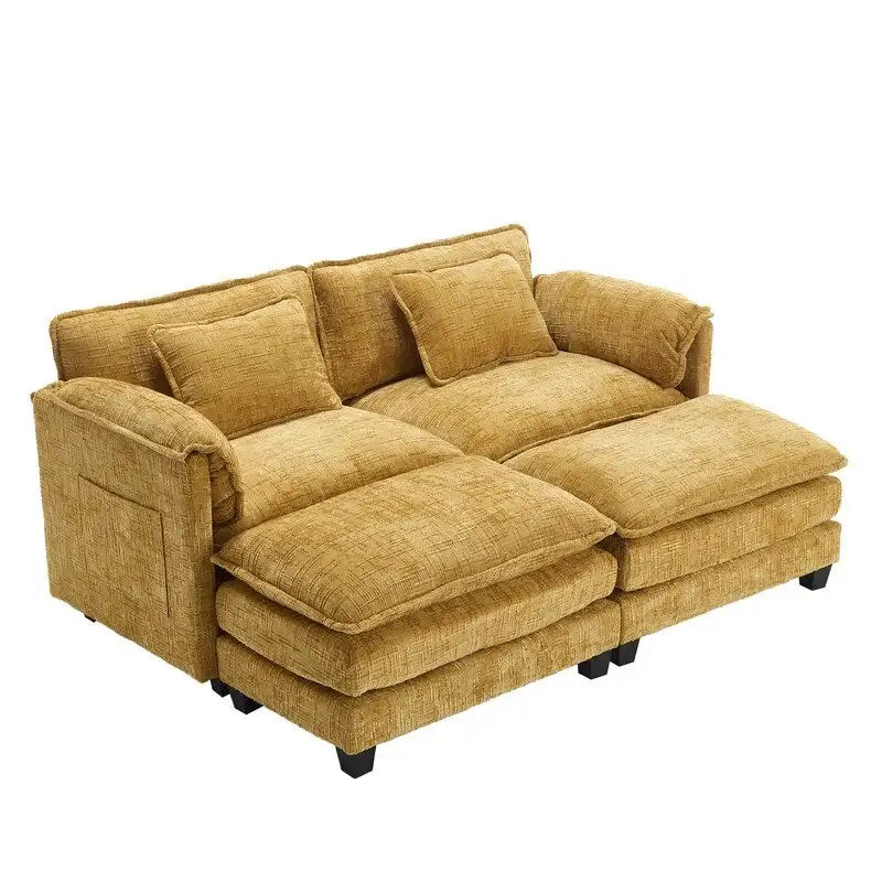 Canapé 76,77 en chenille avec 2 poufs